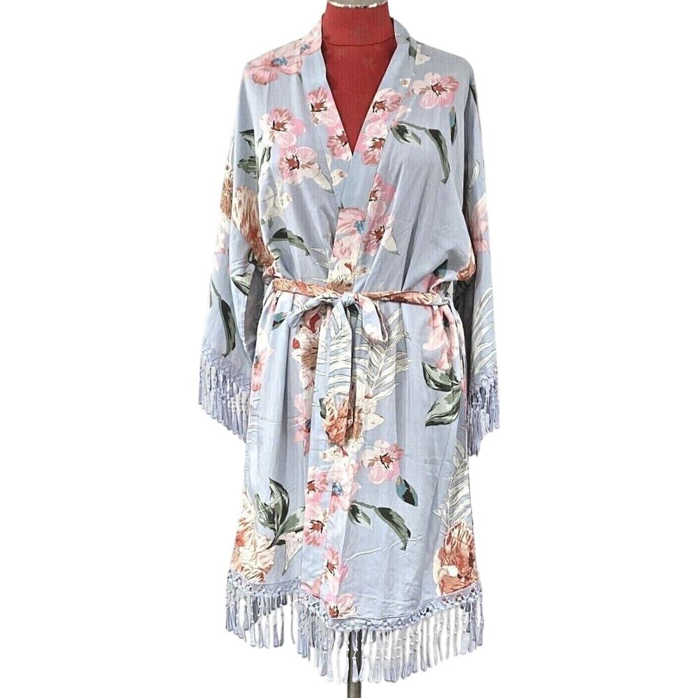 Romantic Boho style kimono wrap or robe with silky fringe blue pink floral O/S